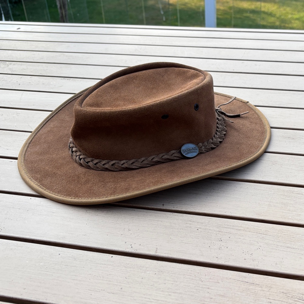 Barmah Australia Foldable Brown Suede Waterproof Hat with Braided Detail